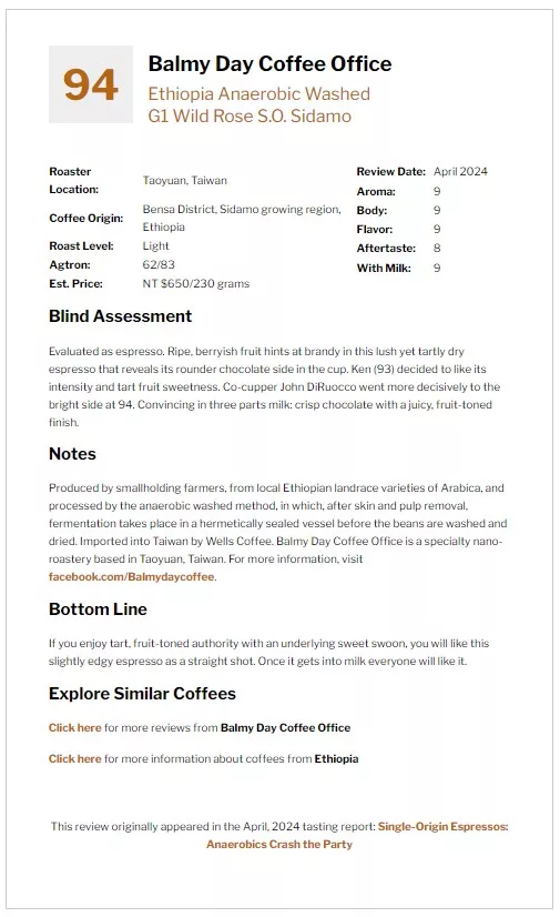 CR 94 快晴咖啡事務所 Balmy Day Coffee Office - Ethiopia Anaerobic Washed G1 Wild Rose S.O. Sidamo
