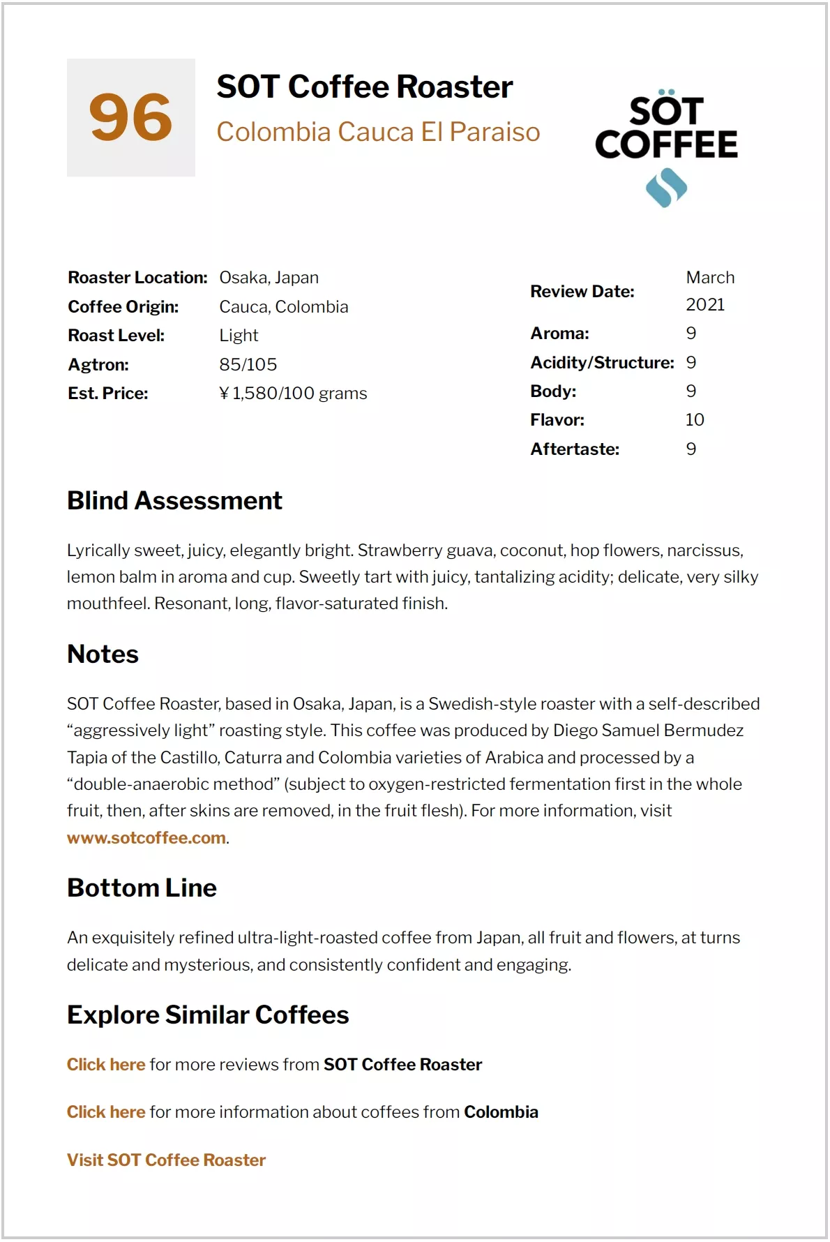 CR 96 : SOT Coffee Roaster - Colombia Cauca El Paraiso