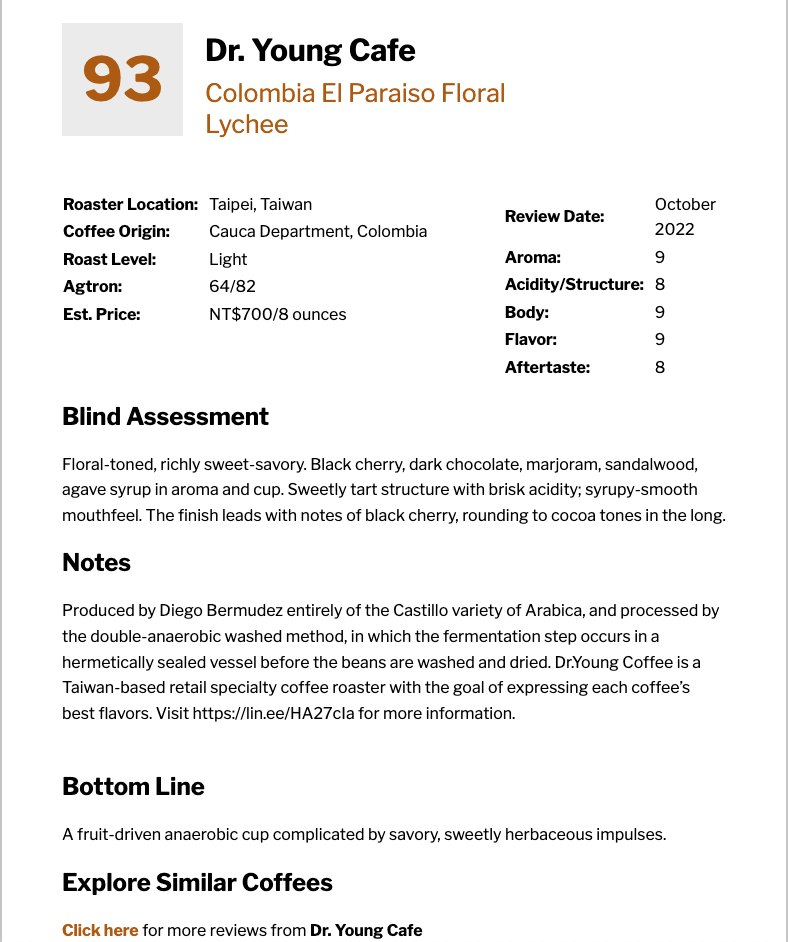 CR 93 Dr. Young Cafe - Colombia El Paraiso Floral Lychee